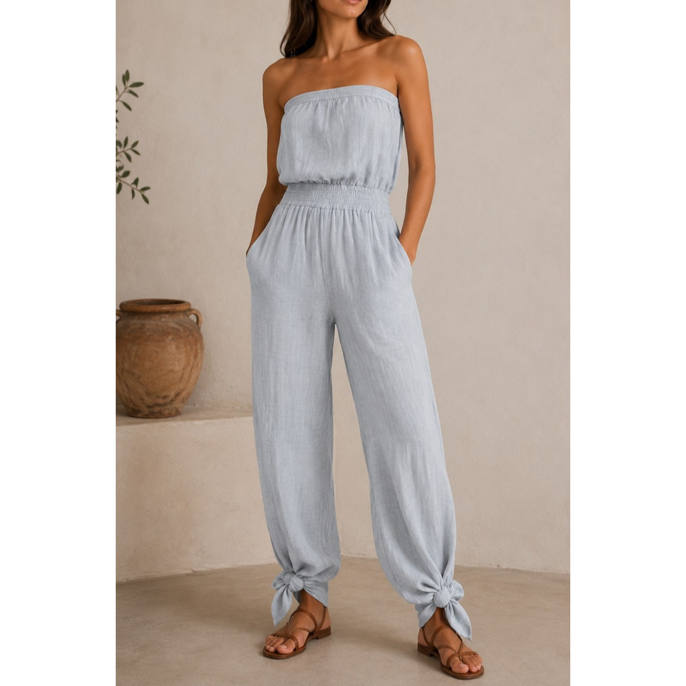 DREW NWT Carissa Strapless Chambray Blue Cotton Gauze Jumpsuit XS NEW $218